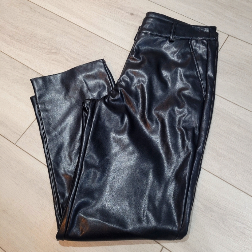 Deluc Women's Vegan Leather High Waisted Cropped Wide Leg Pants Large Black